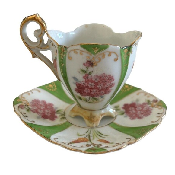 Ucago Japan Tea Cup Saucer Green Gold Floral Demitasse Mid century Square - Picture 1 of 9
